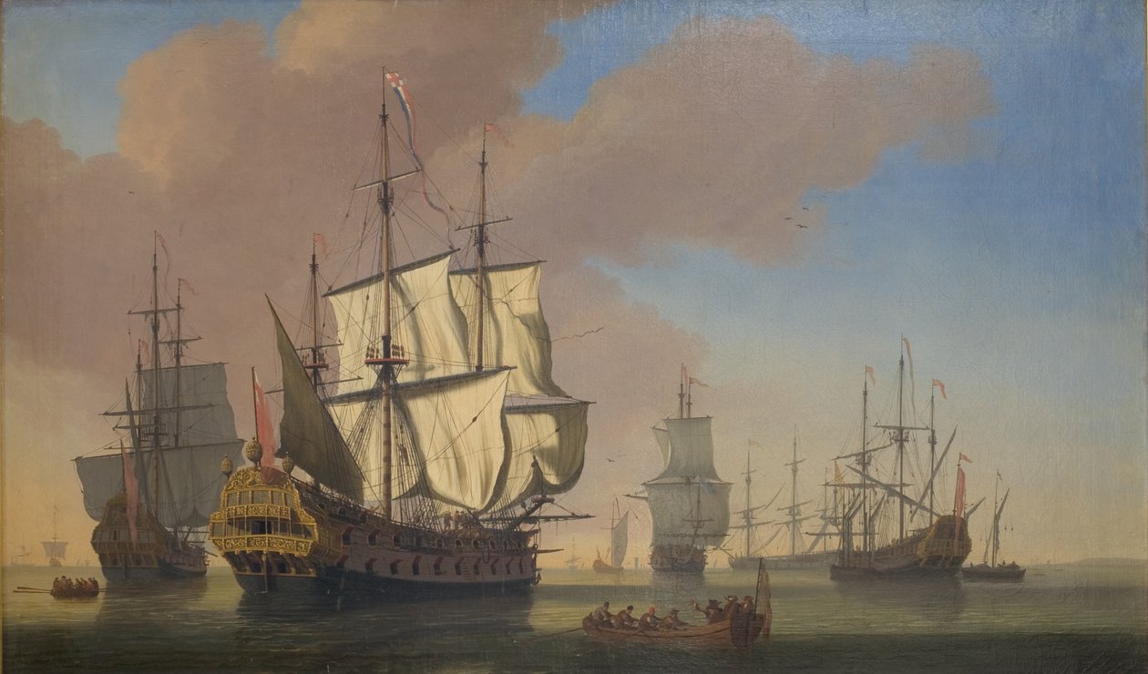 Navires de guerre anglais dans une rade par temps calme - Jan Karel Donatus van Beecq