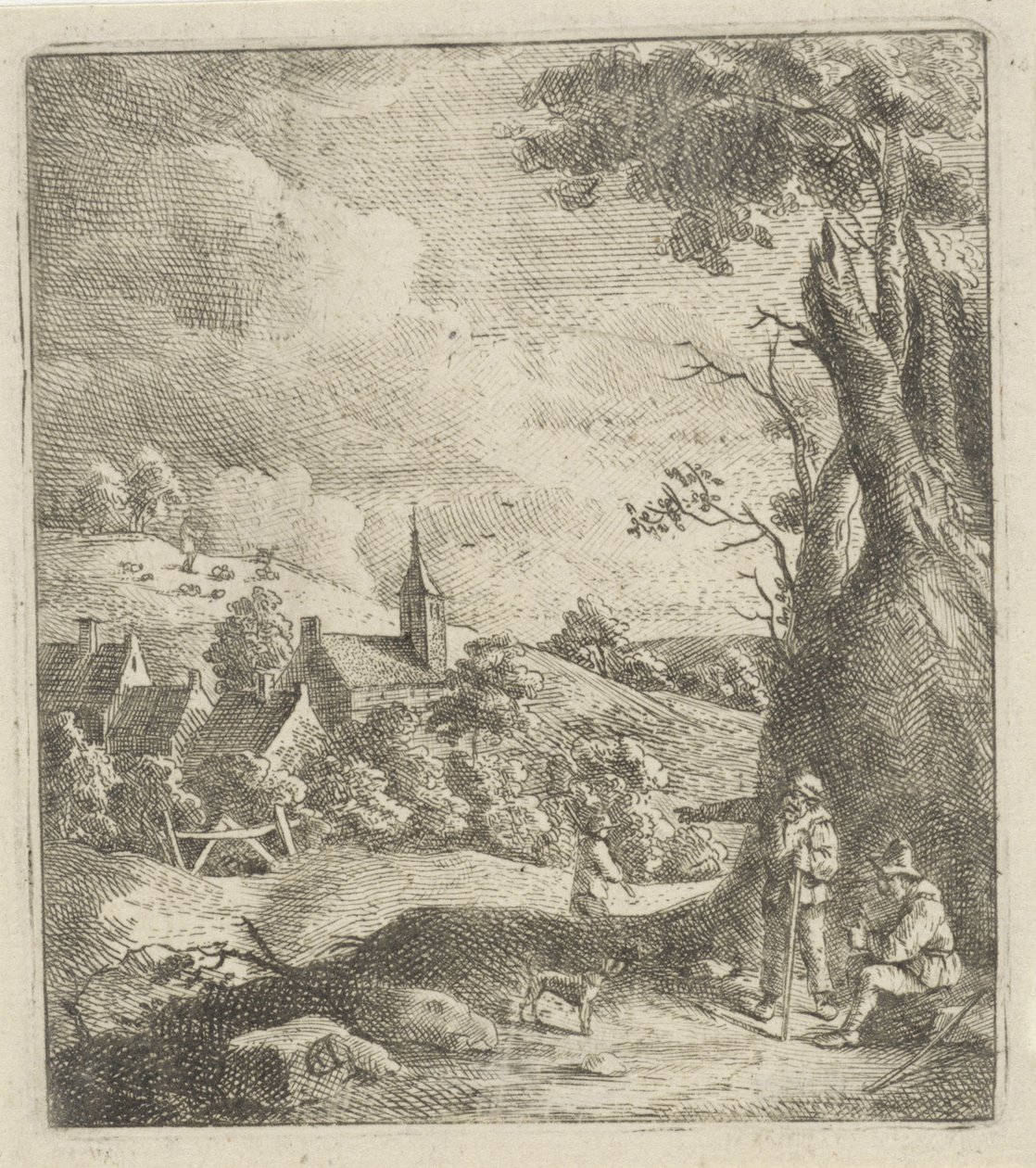 Paysage avec un village et deux hommes près d
