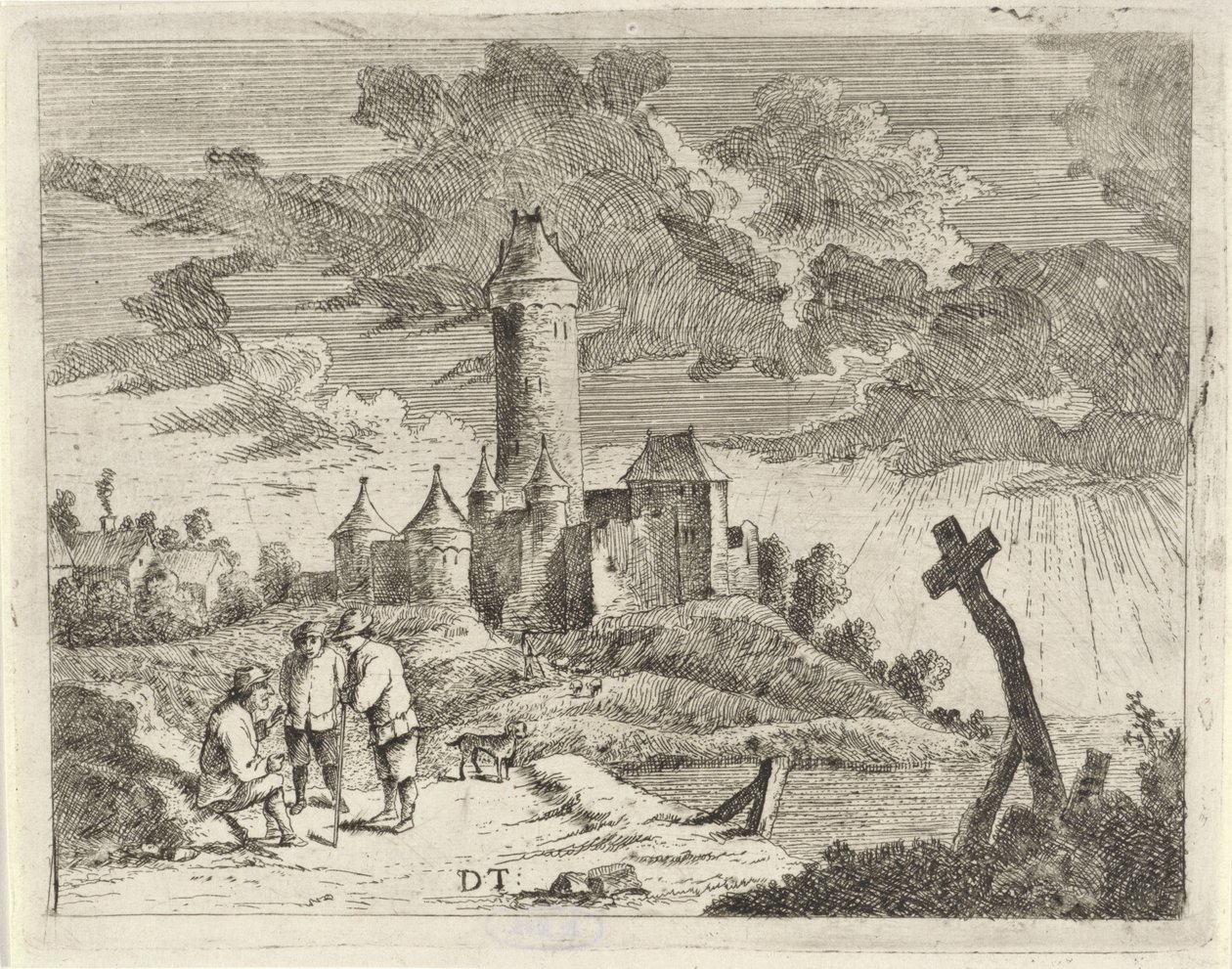 Paysage avec château et trois hommes - Jan Lauwryn Krafft (I) (possibly)