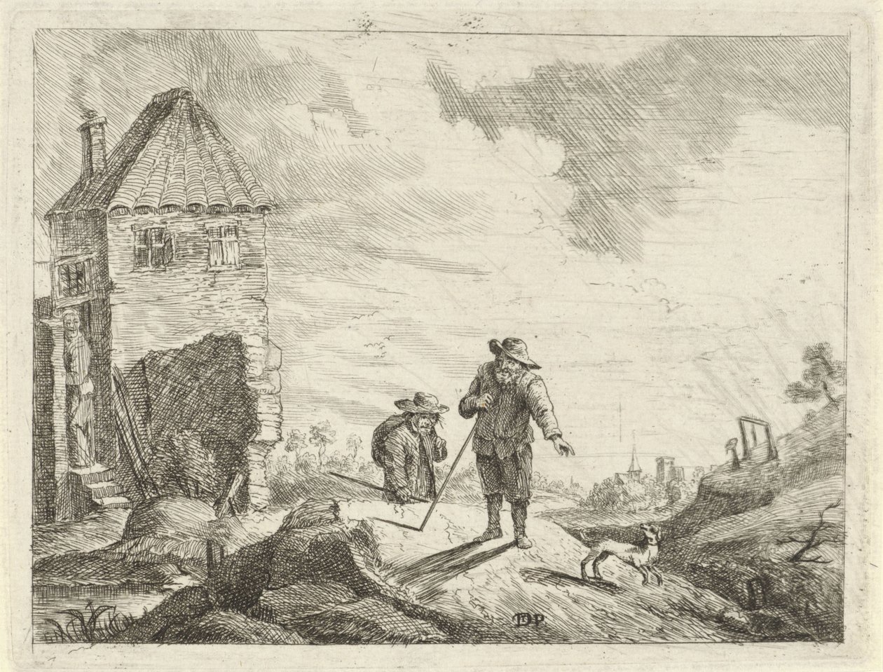 Deux paysans avec un chien sur un chemin de campagne - Jan Lauwryn Krafft (I) (possibly)