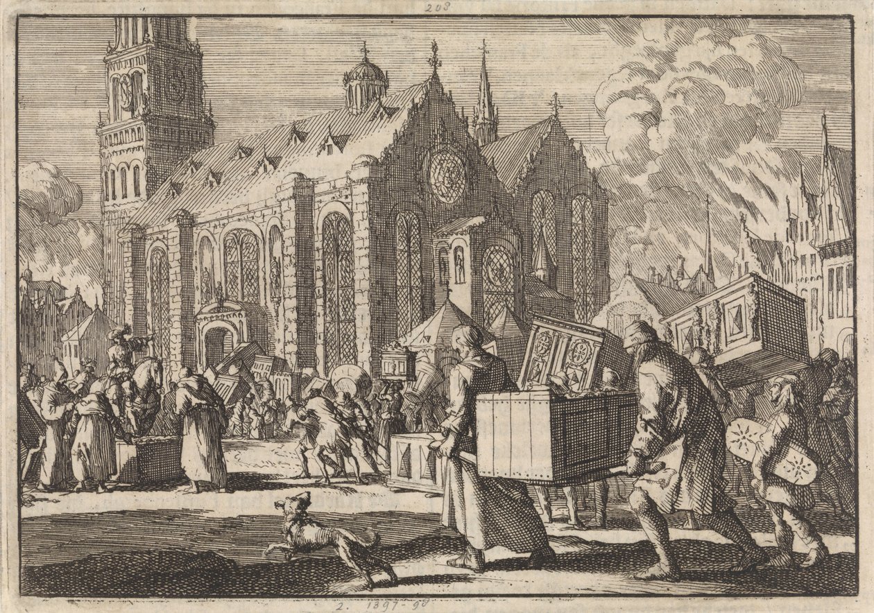Les habitants de Spire apportent en toute confiance leurs meubles à la cathédrale où ils sont ensuite brûlés par le général français Monclar, 1689 - Jan Luyken