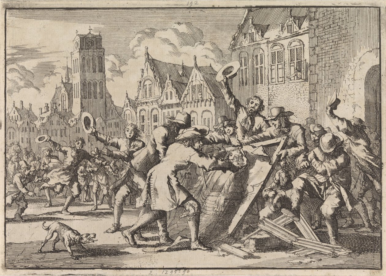Émeute à Dordrecht où une image de Cornelis de Witt est détruite par le peuple, 1672 - Jan Luyken