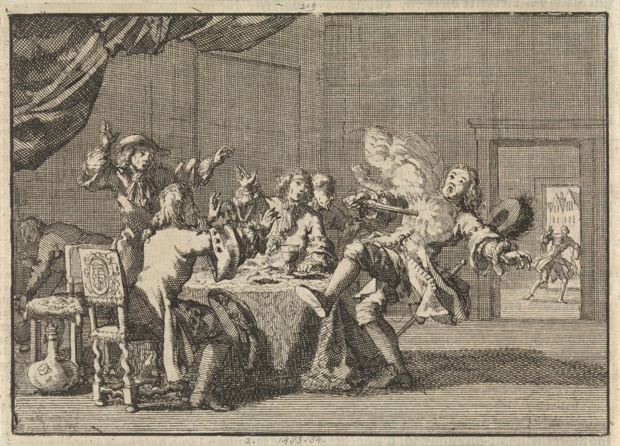 Thomas Tullock, partisan du roi Jacques II en Écosse, tué par le déclenchement inattendu de son pistolet, 1690 - Jan Luyken