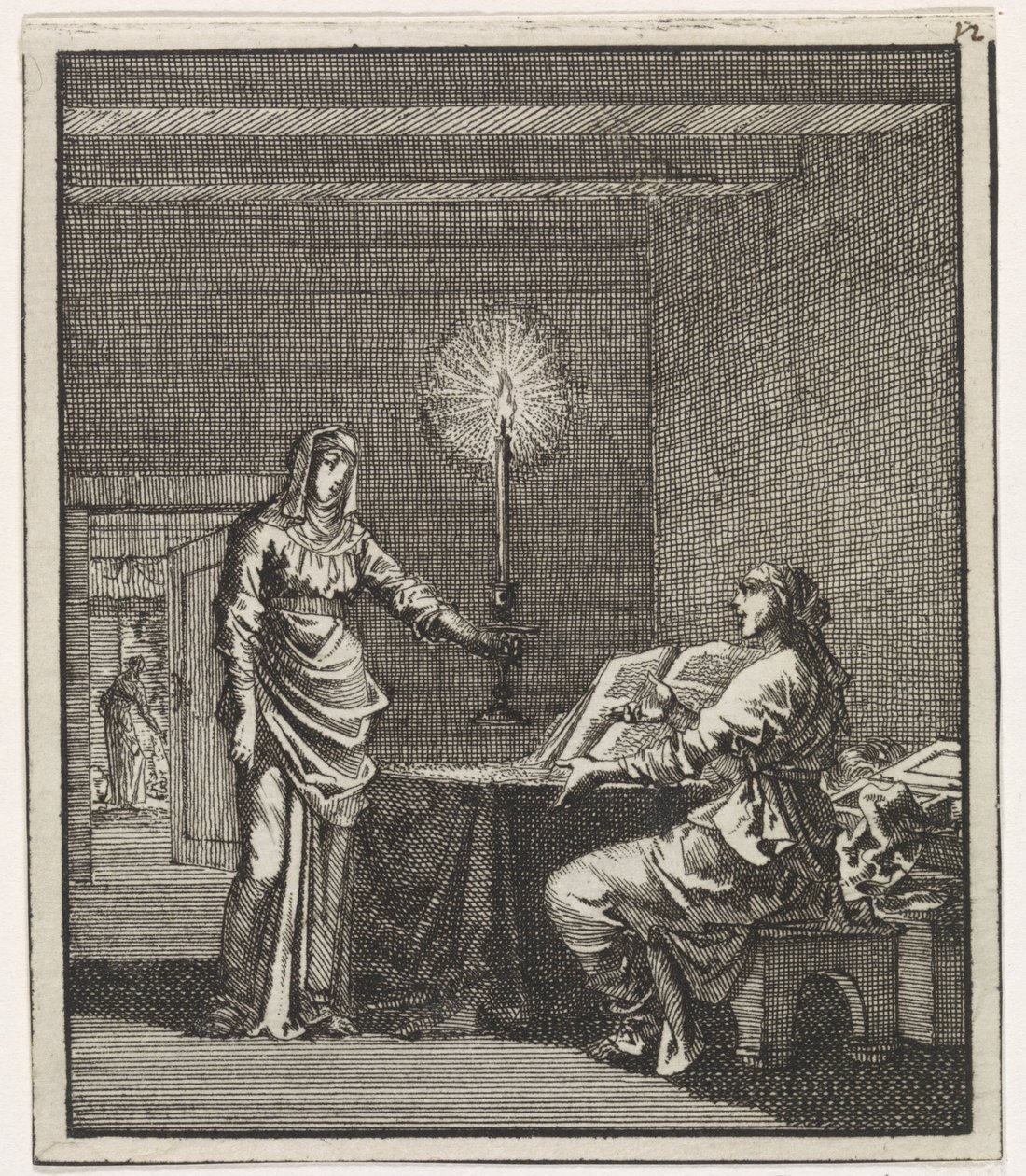 Femme éclairant une femme lisant dans une pièce sombre avec une bougie - Jan Luyken