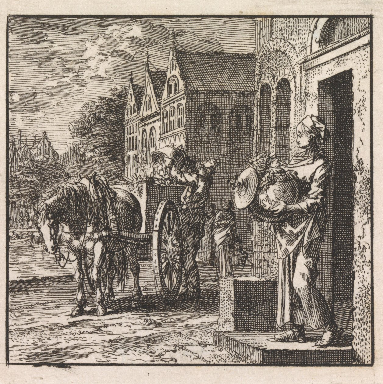 Une femme devant une maison avec une poubelle en forme de globe terrestre - Jan Luyken