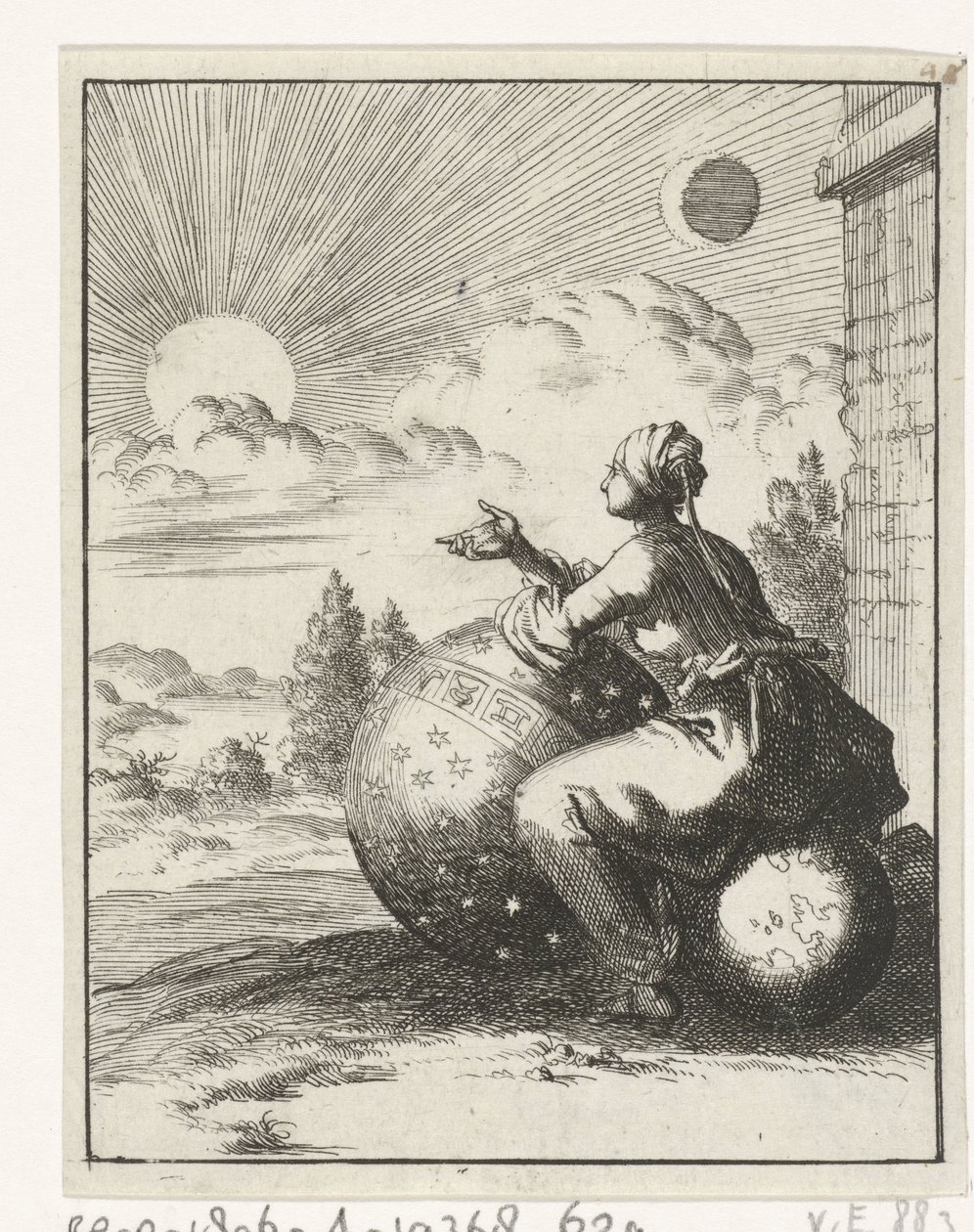 Femme assise sur un globe terrestre et appuyée sur un globe céleste regardant le coucher du soleil - Jan Luyken