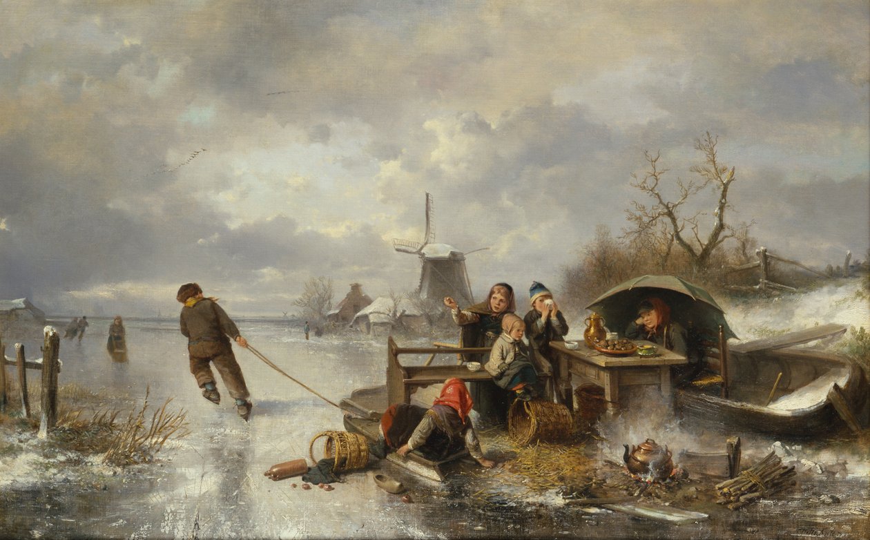 Enfants jouant sur un lac gelé dans un paysage d