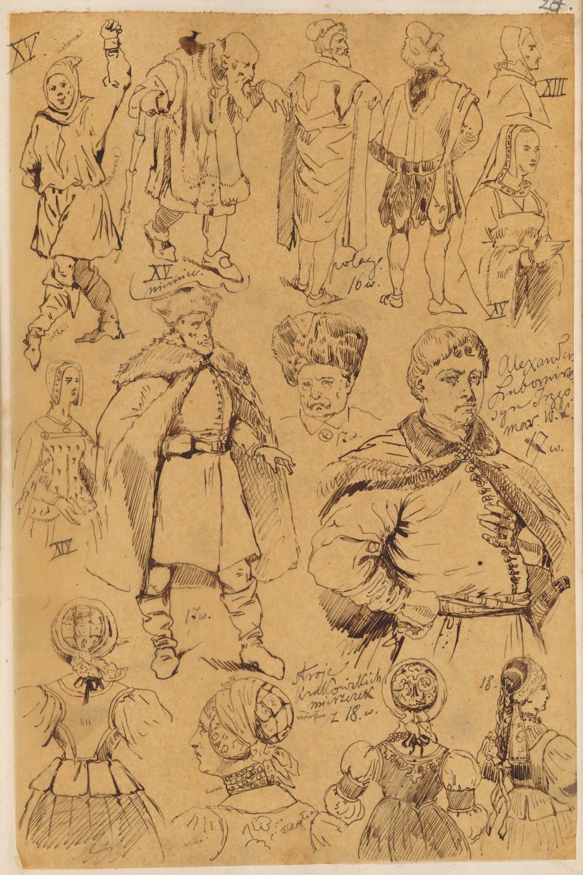 Skarbczyk. Vierzehn Personen: Männer und Frauen in Kostümen aus dem XIII., XV., XVI., XVII. und XVIII. Jahrhundert - Jan Matejko