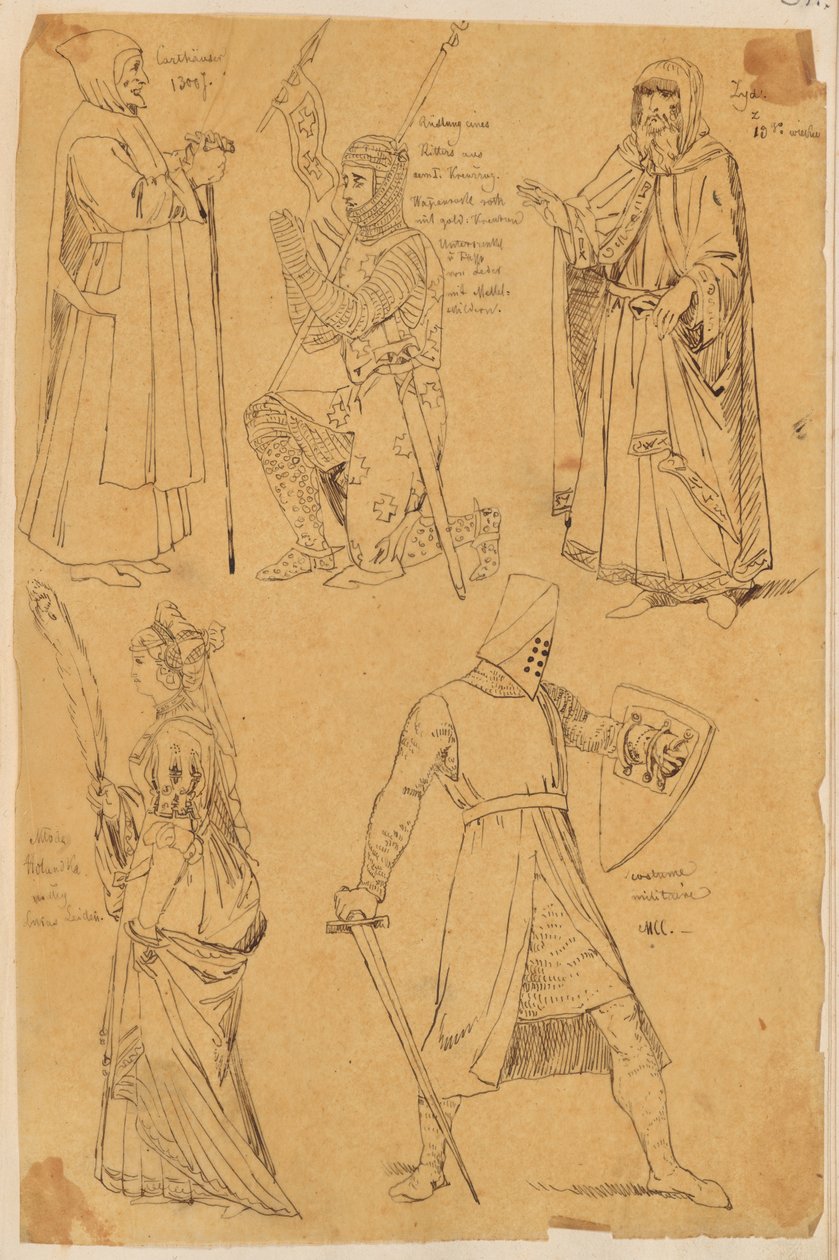Skarbczyk. Fünf Figuren: Gelehrter, kniender Ritter, Jude, Frau, kämpfender Ritter - Jan Matejko