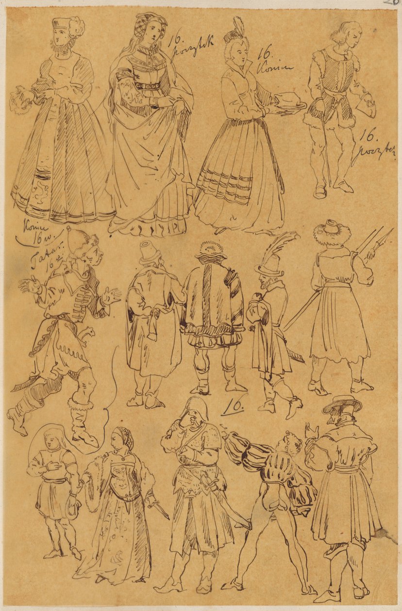 Skarbczyk. Verschiedene Personen in Kleidung aus dem 16. Jahrhundert (14 in voller Gestalt). - Jan Matejko