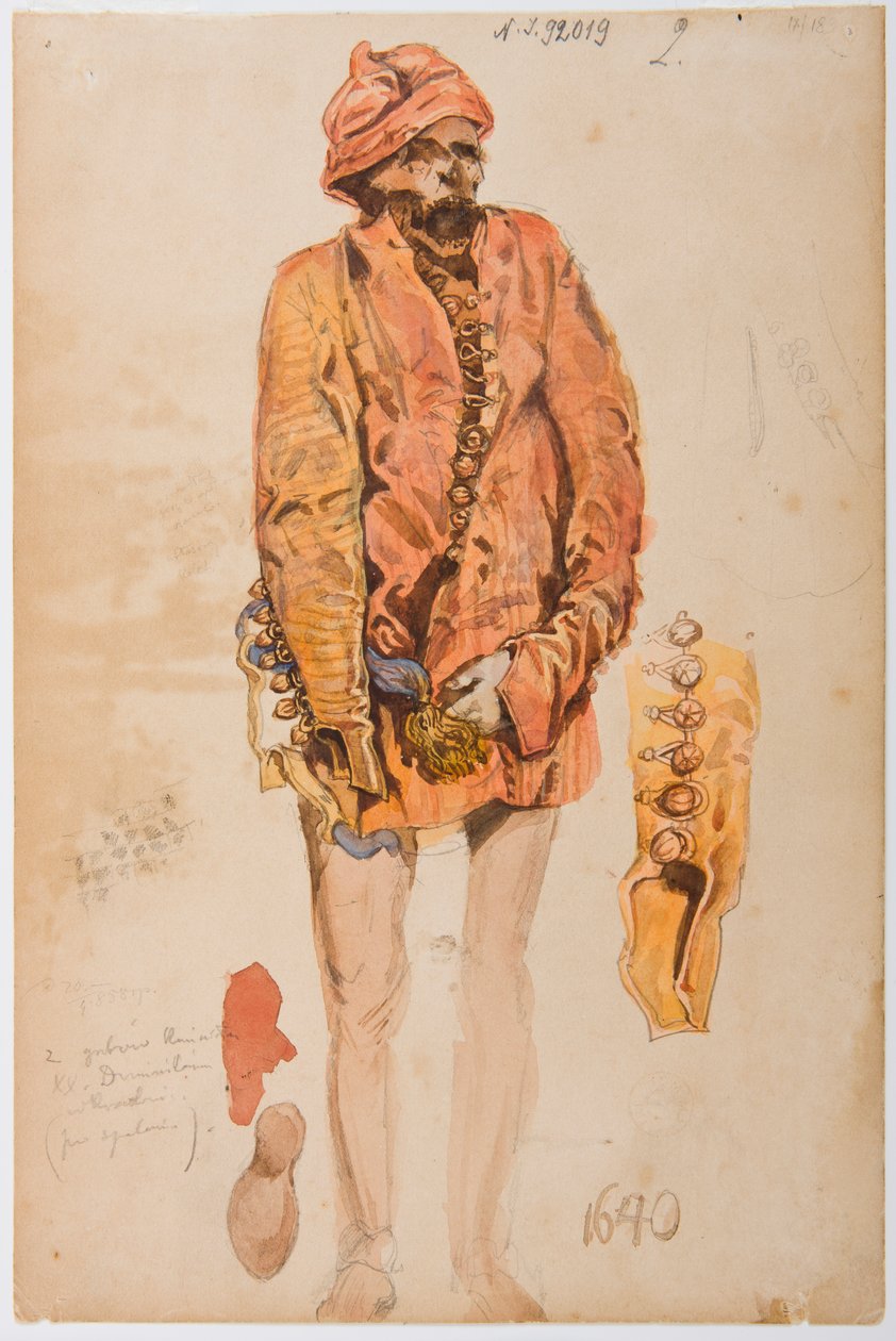 Kostümstudien aus dem 17. Jahrhundert - Leiche eines Mannes in rotem Żupan; Skizzen von Ärmel und Schuh - Jan Matejko