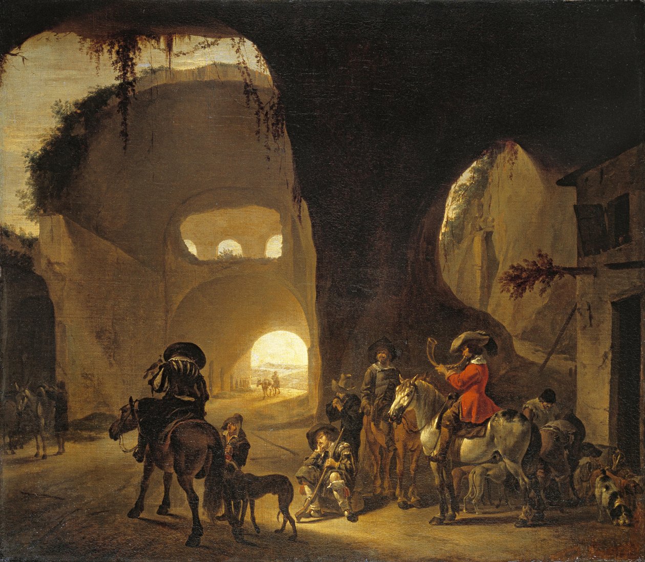 Chasseurs de faucons devant une auberge dans une ruine - Jan Miel