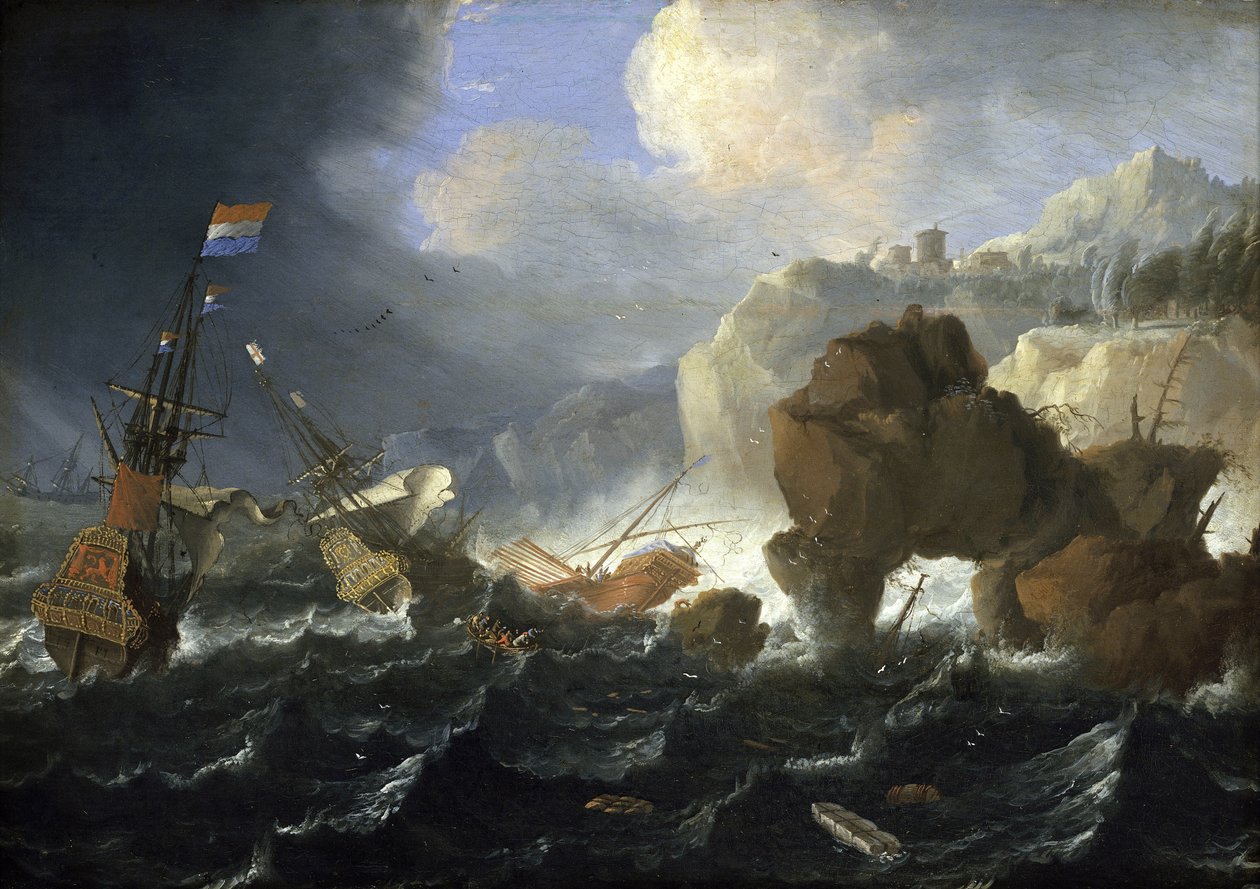 Un navire hollandais et un galion échoués sur une côte rocheuse dans la tempête. Huile sur bois, par Jan Peeters (1624-1677). - Jan Peeters