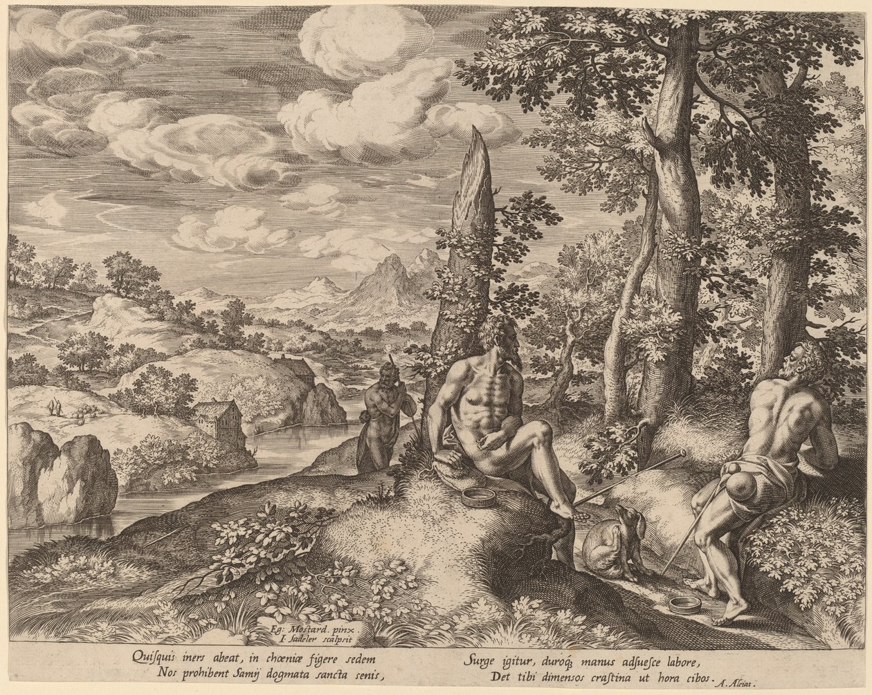 Paysage avec trois hommes nus et un chien - Jan Sadeler I after Gillis Mostaert