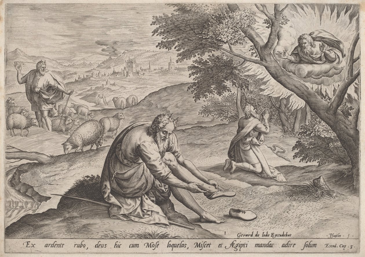 Dieu apparaissant à Moïse - Jan Sadeler I, after Maarten van Cleef