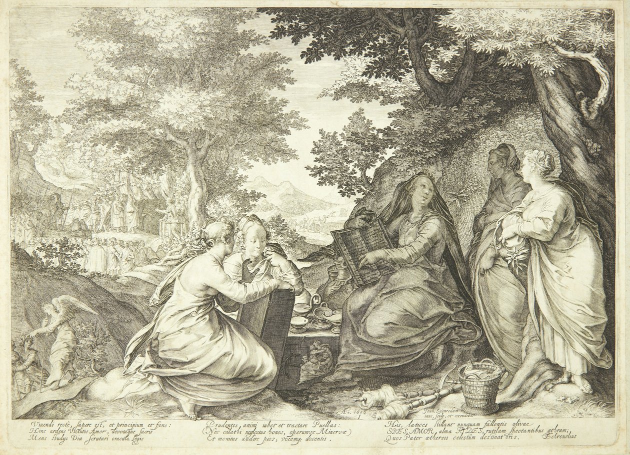 Les vierges sages réunies dans un paysage, en arrière-plan Jean-Baptiste prêchant - Jan Saenredam