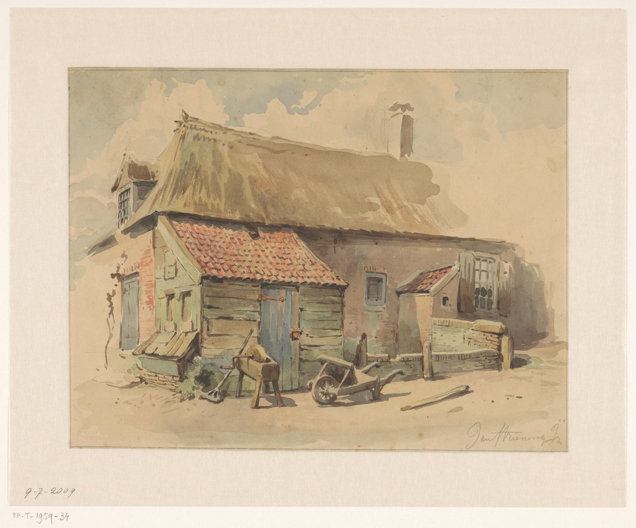 Maison paysanne avec une annexe en bois, devant une brouette et une meule - Jan Striening