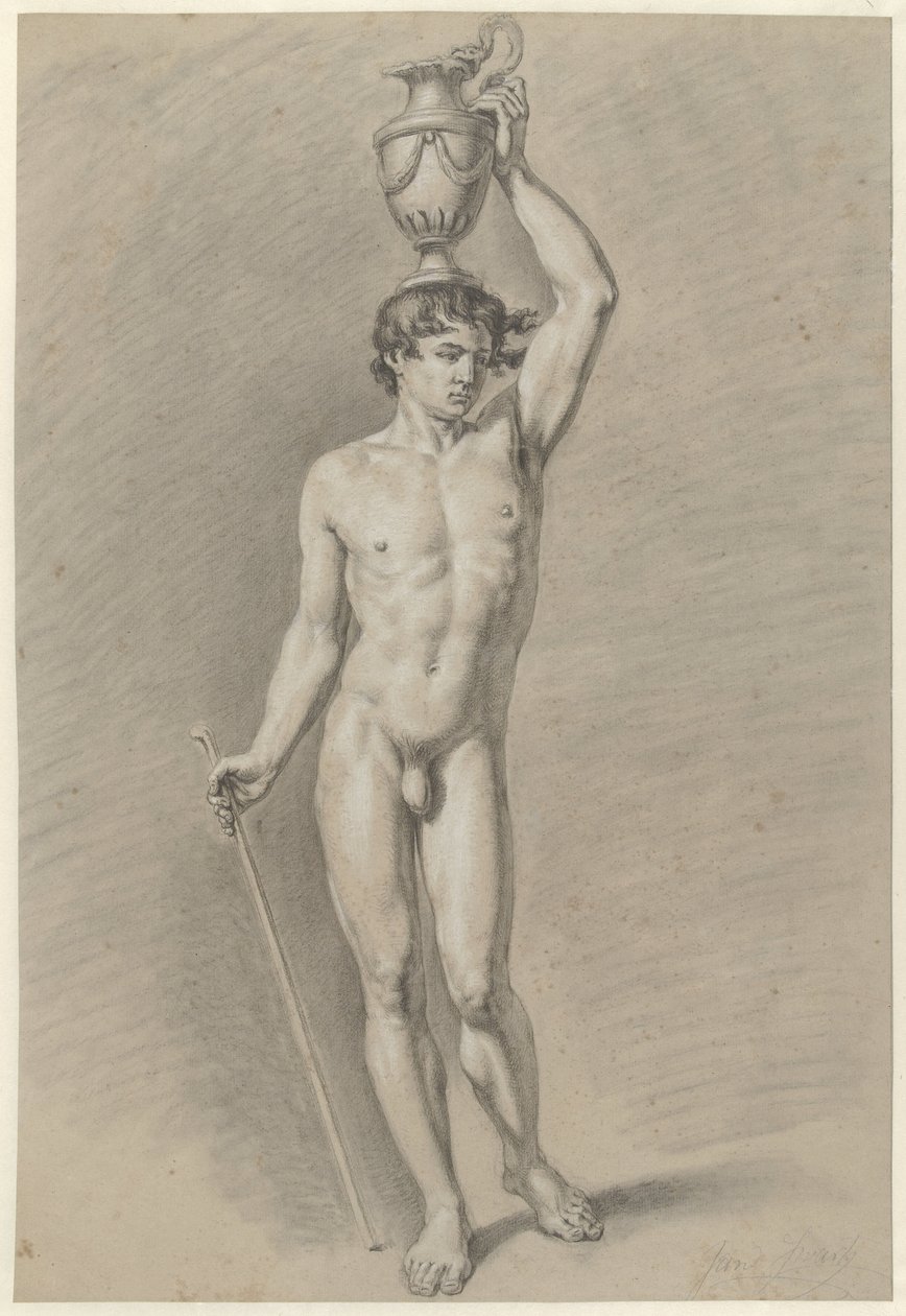 Homme nu debout avec un vase sur la tête - Jan Swart