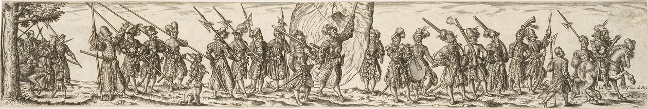 Défilé de soldats, au centre un porte-drapeau - Jan Theodor de Bry