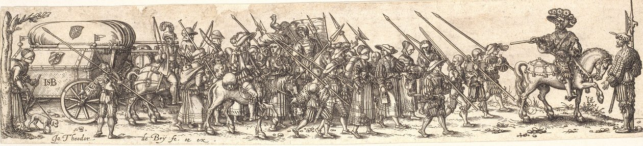 Troupe de soldats, devant un officier à cheval - Jan Theodor de Bry