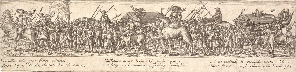 Troupe de soldats avec chariot à bagages et la Mort à cheval - Jan Theodor de Bry