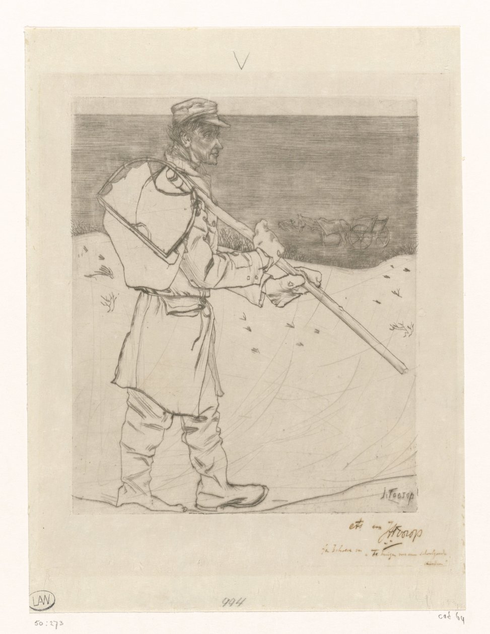 Pêcheur de coquillages avec un filet sur la plage de Katwijk aan Zee - Jan Toorop (signed by artist)