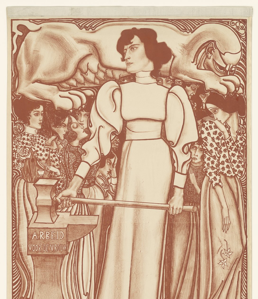 Travail pour la femme. Billets de la Nationale tentoonstelling van vrouwenarbeid à 50 cents sur le terrain et dans les dépôts disponibles. Premier prix un bijou d