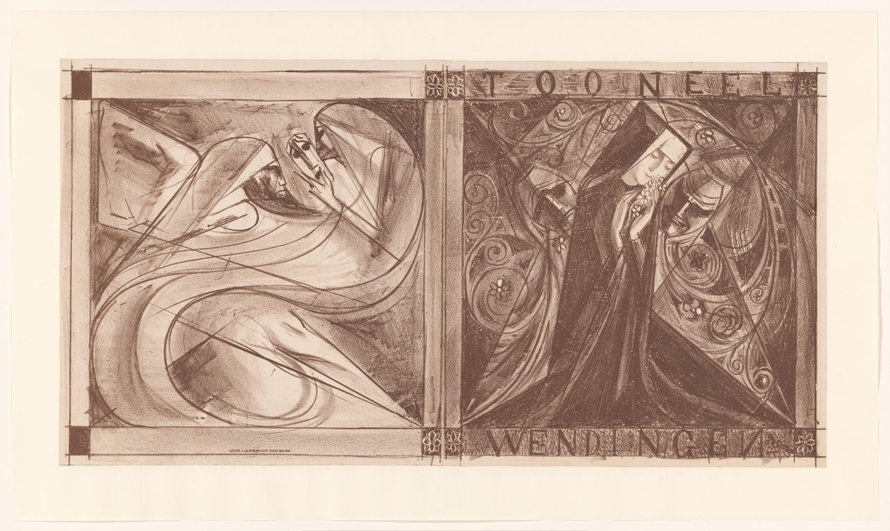 Couverture pour Wendingen avec une nonne avec des fleurs et deux esprits, dont un avec un masque à la main - Jan Toorop