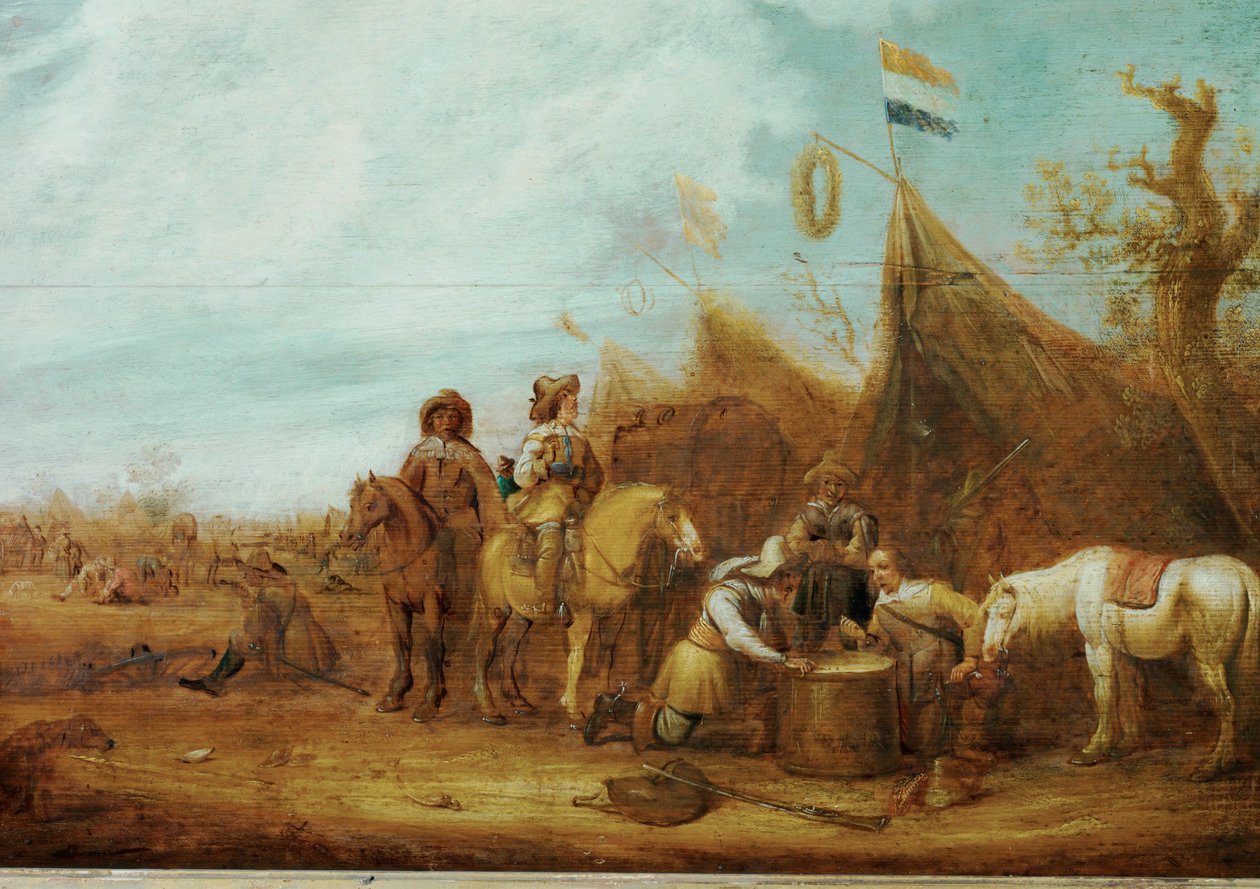 Halte de cavaliers (huile sur bois) - Jan Van Der Stoffe