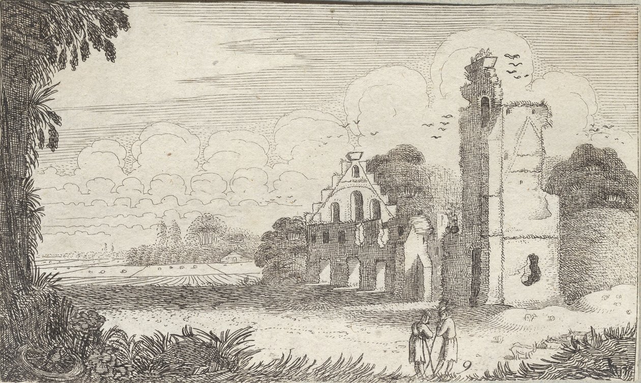 Paysage avec une église en ruines et deux bergers en conversation - Jan Van de Velde