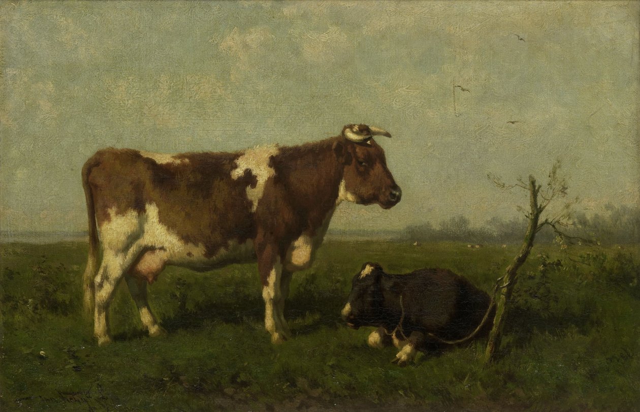 Une vache et son veau dans un pré - Jan Vrolijk