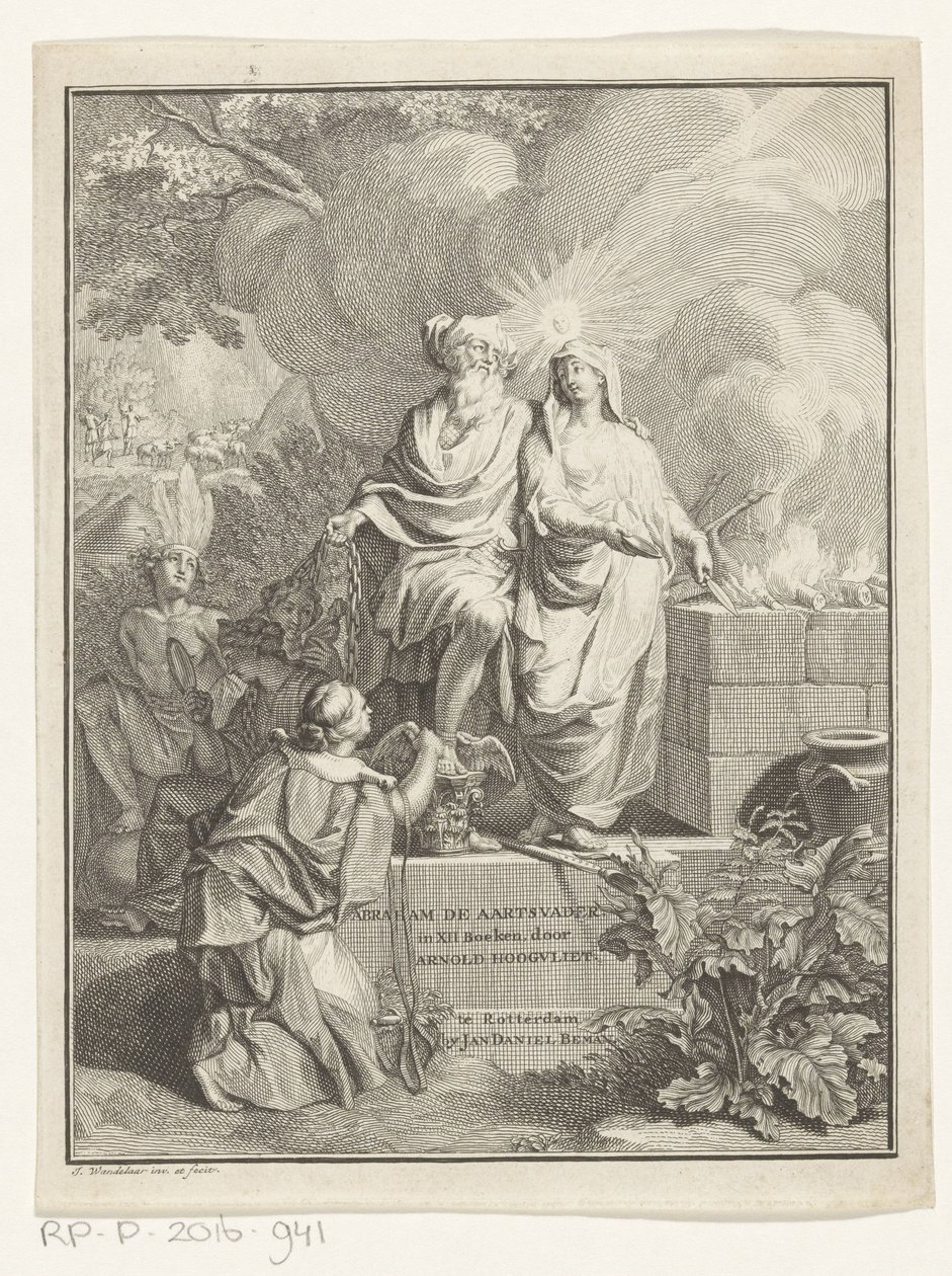 Page de titre allégorique avec le patriarche Abraham et la Vérité, Page de titre pour : Arnold Hoogvliet, Abraham le patriarche, en XII Livres, 1728 - Jan Wandelaar