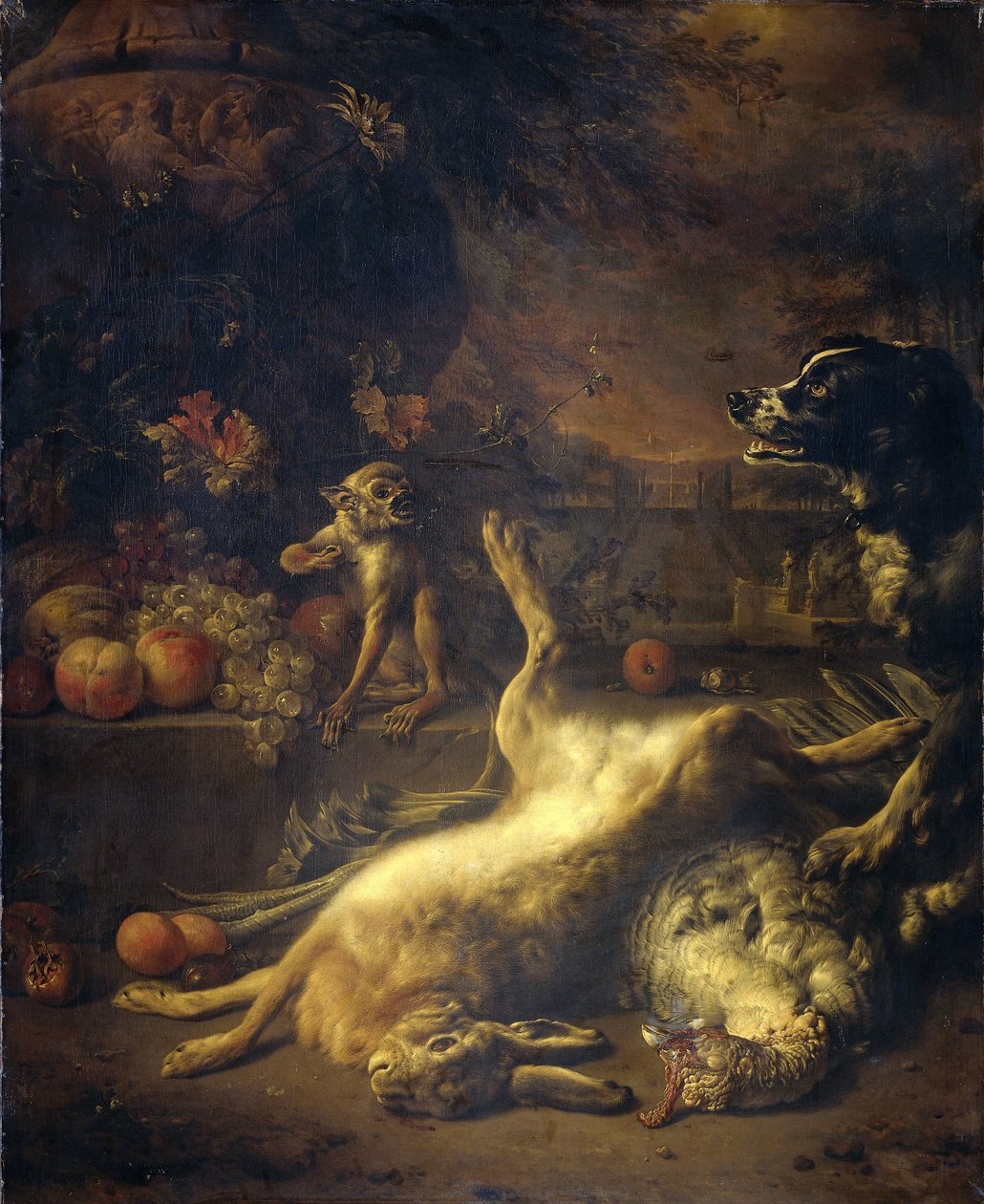 Un singe et un chien avec du gibier mort et des fruits - Jan Baptist Weenix