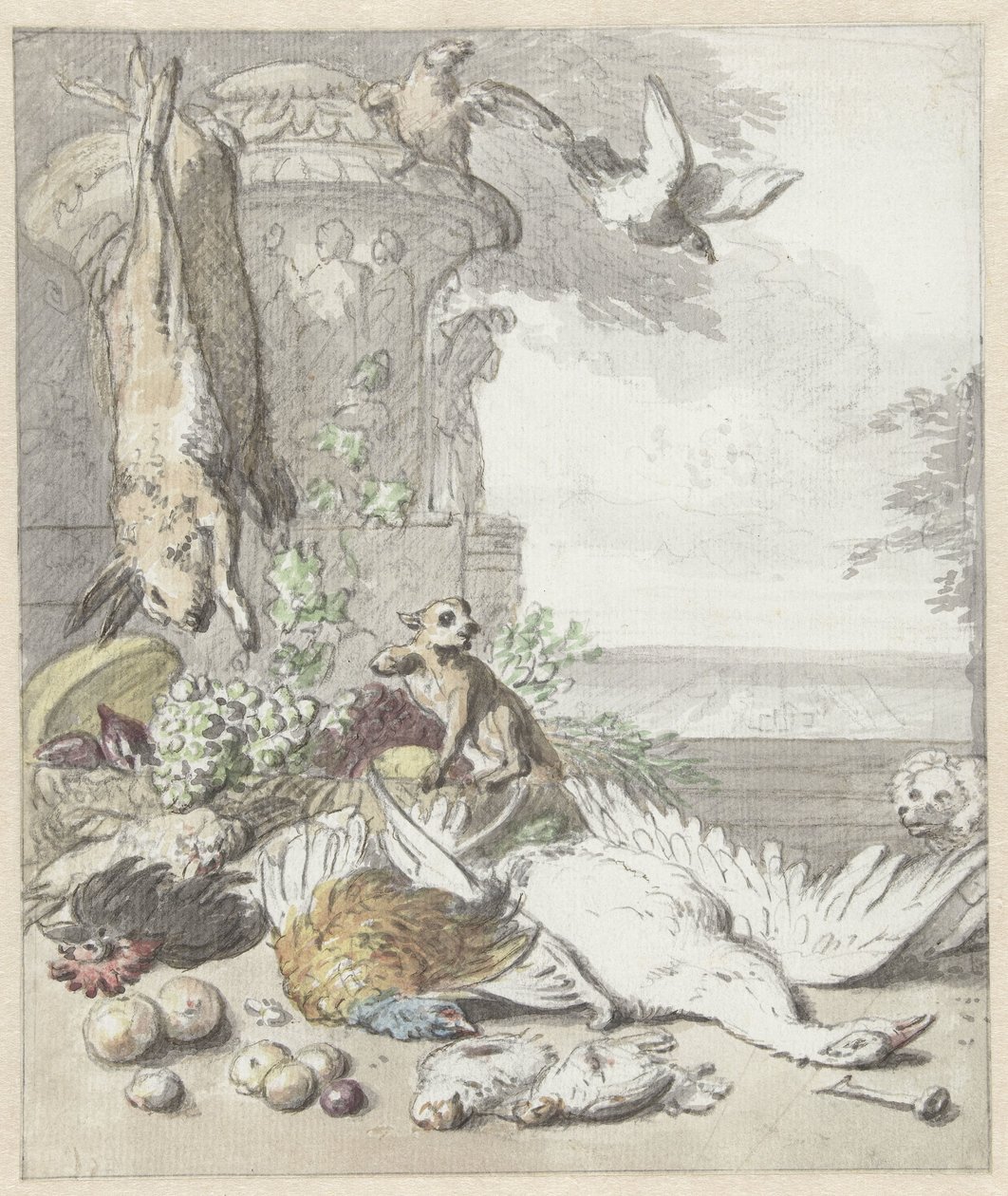 Gibier mort, un singe, un chien et quelques oiseaux - Jan Baptist Weenix