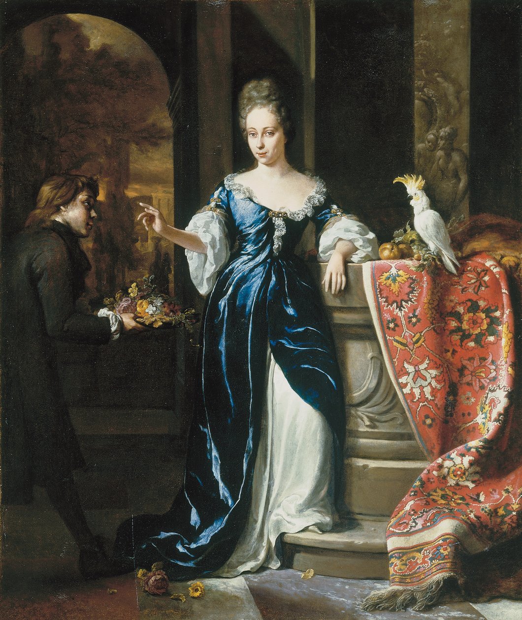 Portrait de Lodewina Schey en robe bleue, avec un assistant portant des fleurs - Jan Baptist Weenix