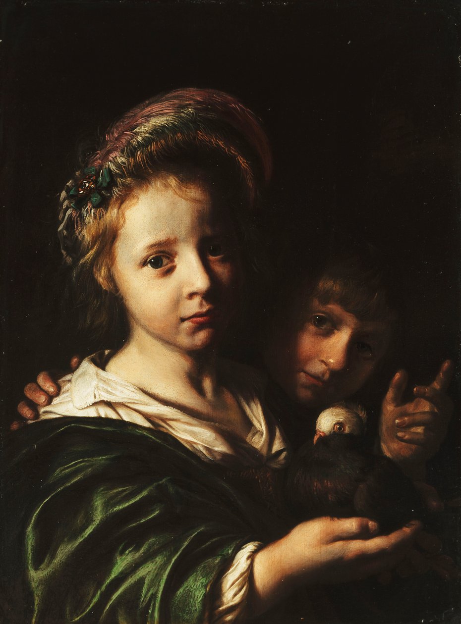 Une Fille Tenant un Pigeon et un Garçon Gesticulant - Jan de Bray