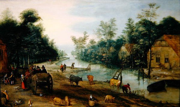 Paysage fluvial boisé en été avec des voyageurs arrivant à une auberge - Jan the Elder (circle of) Brueghel