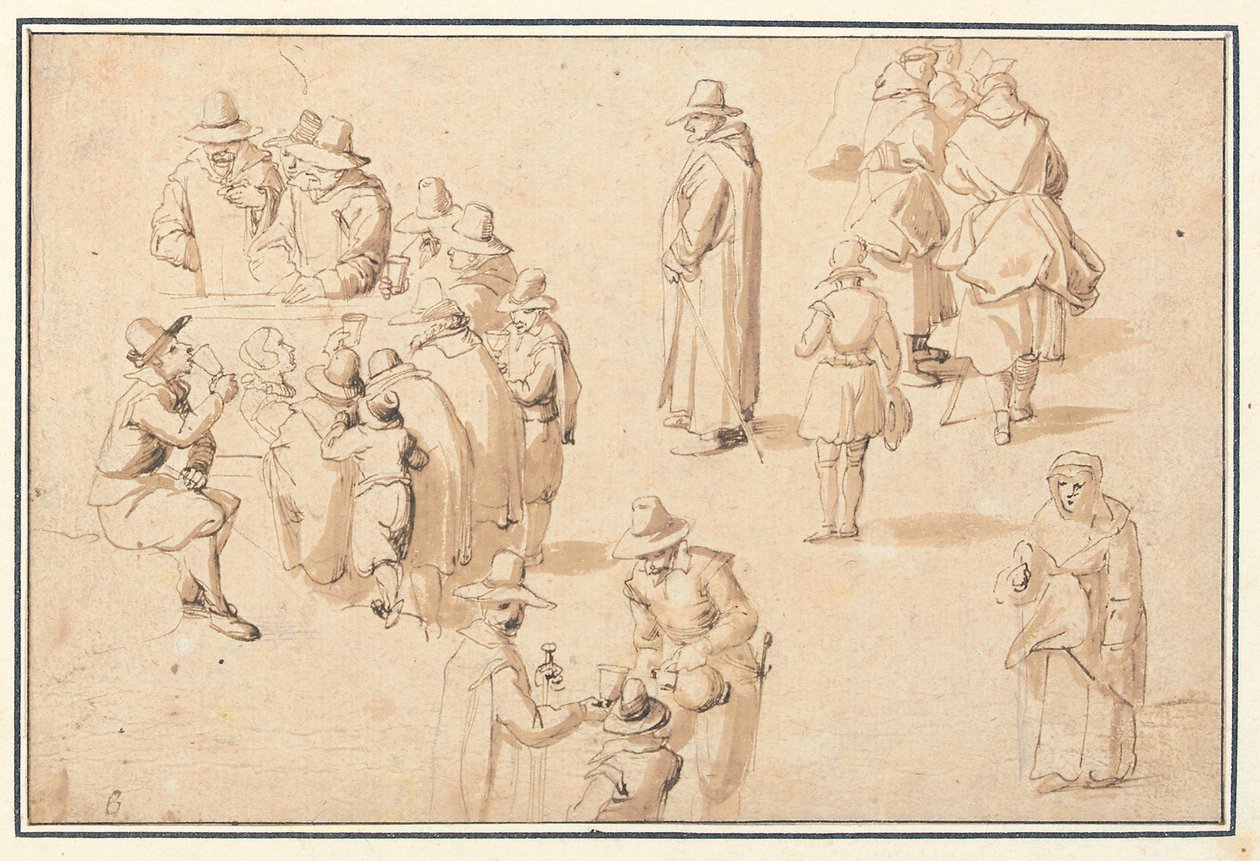 Une fontaine à Spa avec des études de figures élégantes prenant les eaux et de deux moines et un prêtre - Jan the Elder Brueghel