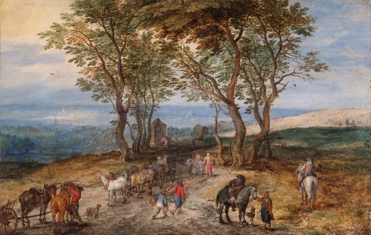 Scène de route de campagne avec des figures : Un homme priant à un sanctuaire, vers 1610 - Jan the Elder Brueghel