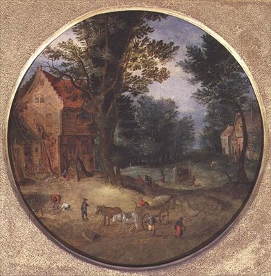 Paysage flamand avec charrettes et personnages (tondo, panneau) - Jan the Elder Brueghel