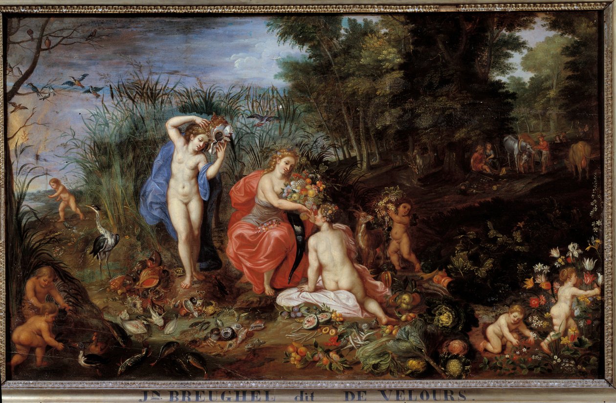 Les quatre éléments Trois grâces représentées dans un paysage forestier, avec des légumes (choux, citrouilles, artichauts, carottes, poivrons) fruits (prunes, grenades, pêches) poissons, coquillages. Peinture par Jan Breugel l