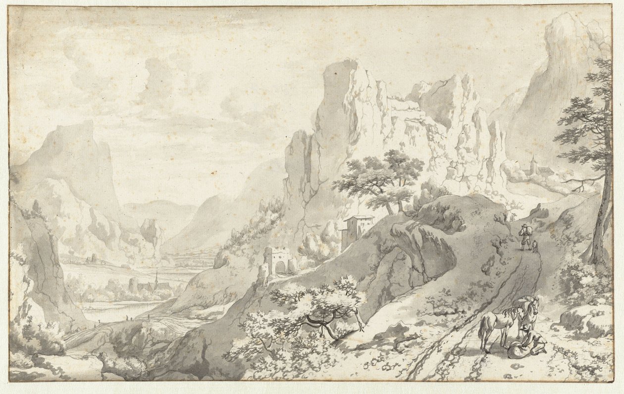 Paysage de montagne avec un cavalier descendu - Jan van Aken