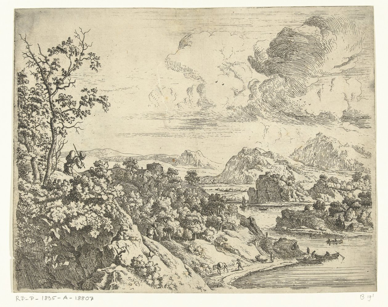 Paysage fluvial avec homme portant un paquet sur son dos - Jan van Aken