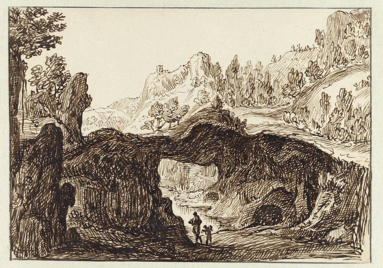 Paysage montagneux rocheux avec deux voyageurs au premier plan - Jan van Almeloveen