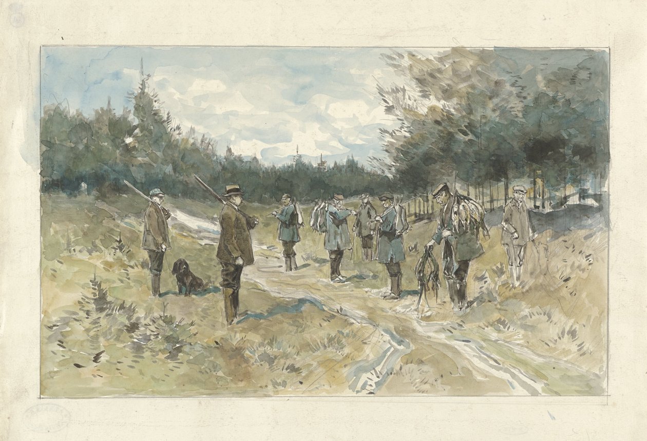 Paysage avec groupe de chasseurs après la chasse sur le Leusderhei - Jan van Essen