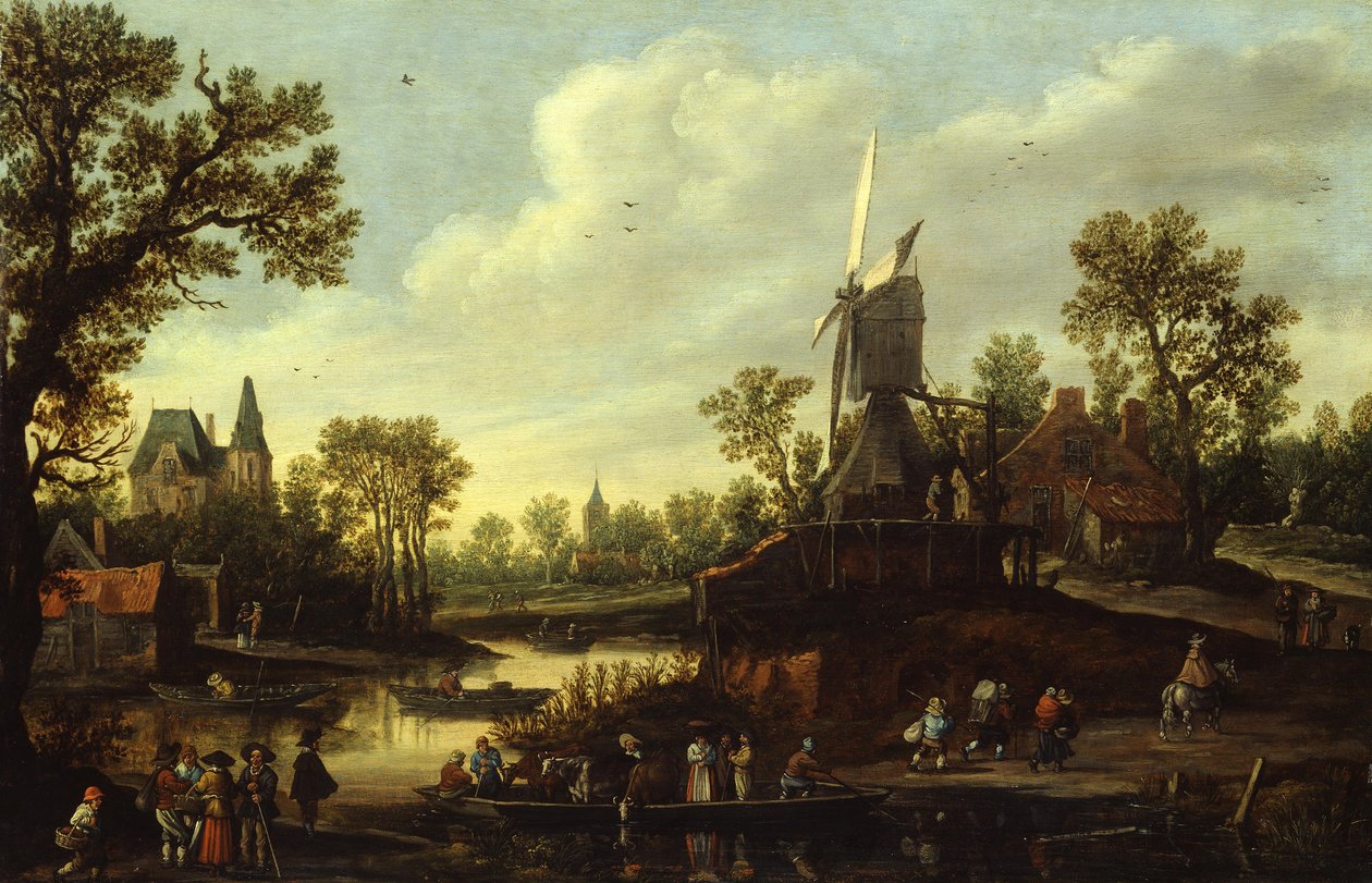 French : Paysage fluvial avec ferry River Landscape with a Ferry - Jan van Goyen