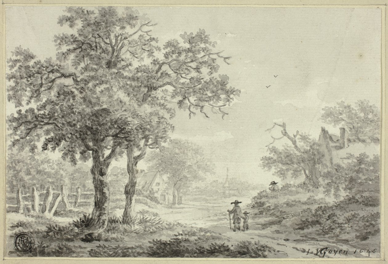 Homme et garçon marchant sur une route de village - Jan van Goyen