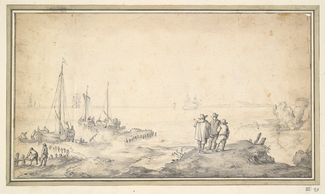 Trois figures sur une dune surplombant une baie avec des navires - Jan van Goyen