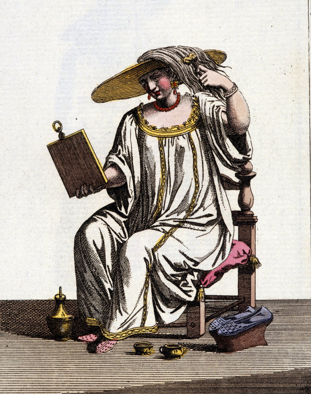 Méthode des femmes vénitiennes pour éclaircir leurs cheveux au soleil aux 17ème - 18ème siècles. Dessin à l