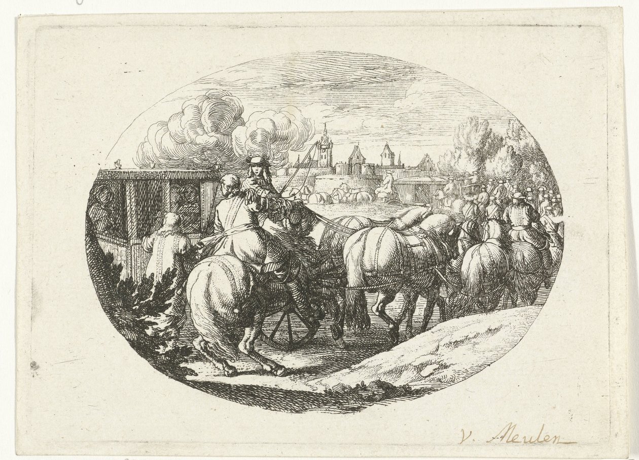 Armée et carrosses entrant dans la ville - Jan van Huchtenburg